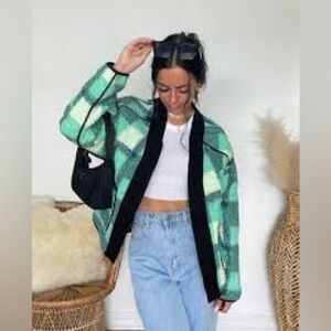 Highland Park Textured Plaid Sherpa Jacket Green Black Trim Streetwear Grunge L